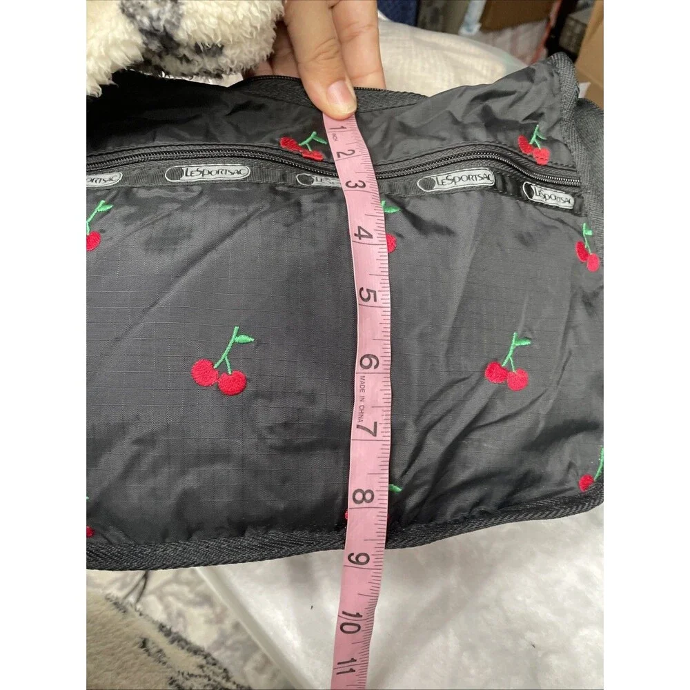 LeSportsac HTF Red Cherries Embroidered Shoulder Bag Purse Clean Black - Picture 8 of 10